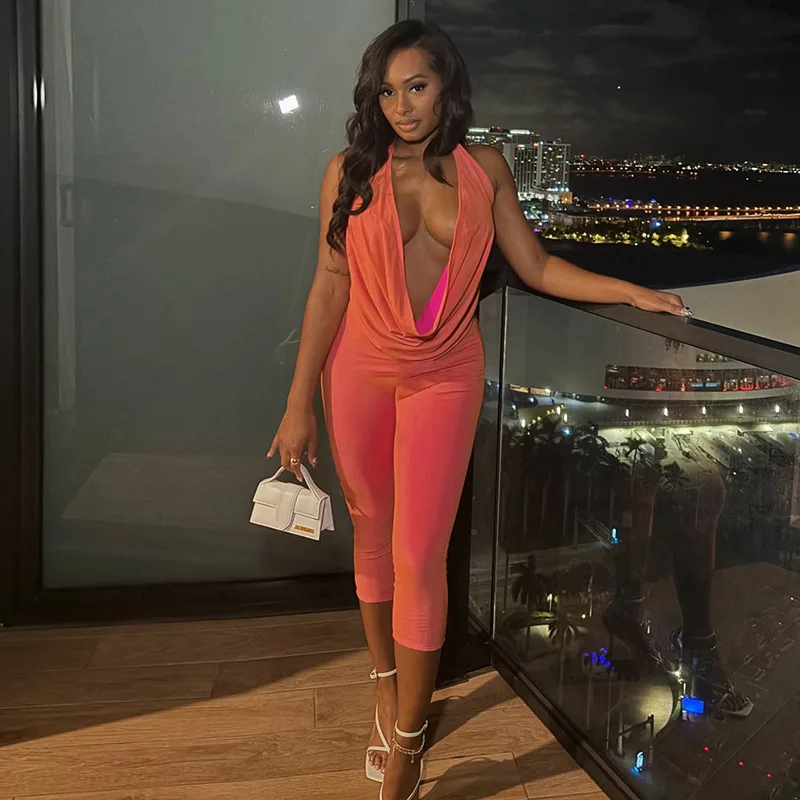 Sexy Bottle Girl Uniforms 2 Piece Sets Woman Outfit Halter Deep V-Neck Tops and Capri Leggings Pants Set Matching Night Clubwear view 2