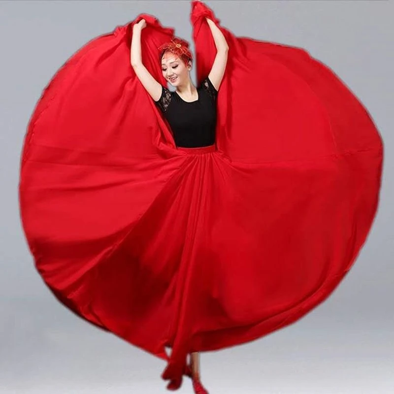 

Women's Bright Red 720-Degree Flared Skirt - Flowy Chiffon High Waist Performance Skirt for Dance-Stage Shows & Elegant Events