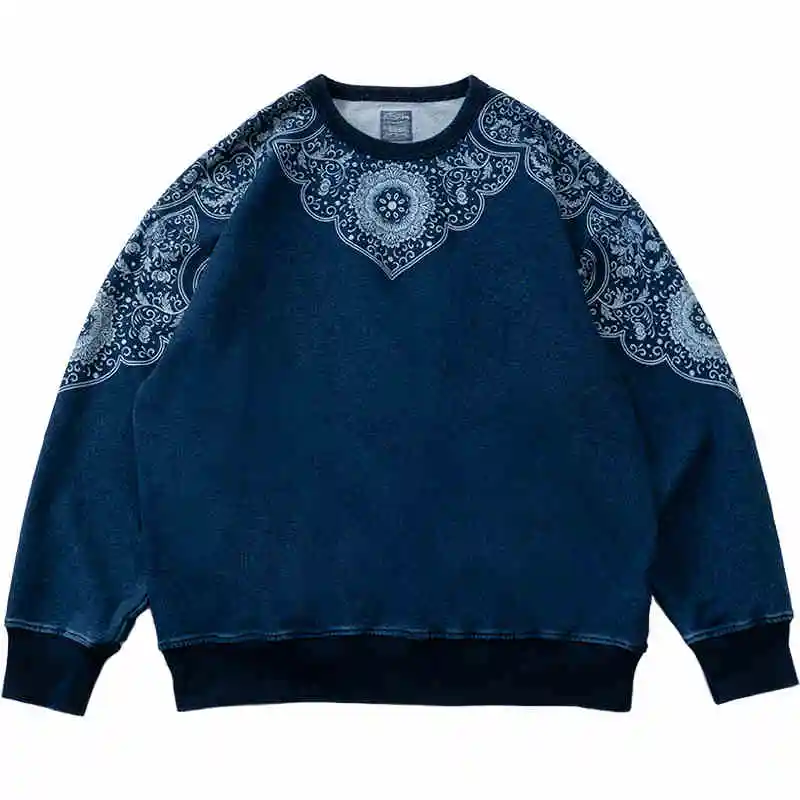 

Chinese Style Men's Indigo Washed Pullover Loose Ethnic Style Pullover Sweatshirt Autumn Top Women's Fashion