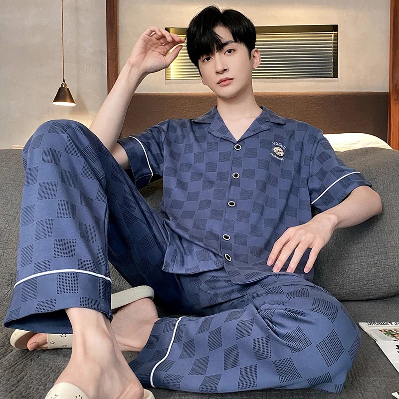 New Cotton Pijama for Men 2 Pieces Lounge Sleepwear Pyjamas Print Summer Bedgown Home Clothes Man PJs Pure Cotton Pajamas Set