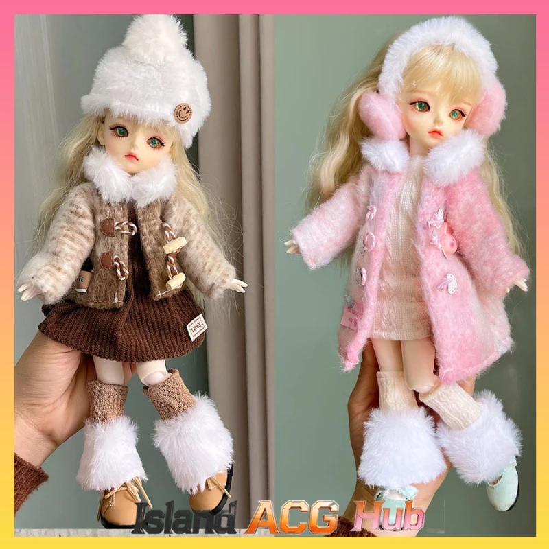 

Комплект зимней одежды ручной работы для кукол BJD 1/6: теплый шерстяной пальто, платье с цветочным принтом, берет, носки, обувь для кукол Ob11 30 см