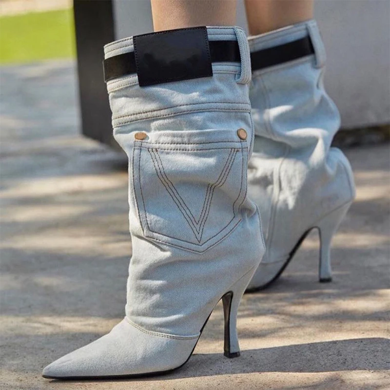 

Western Cowboy Boots Women's Stiletto New White Pointed Toe Large Tube High-Heeled Boots Blue Mid-Well Ankle Boots Luxury Brand