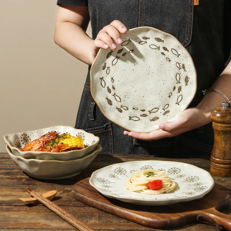 Japanese Stoneware Plate Handmade Underglaze Ceramic Dinner Plate for Pasta Salad Home Dining - view 4