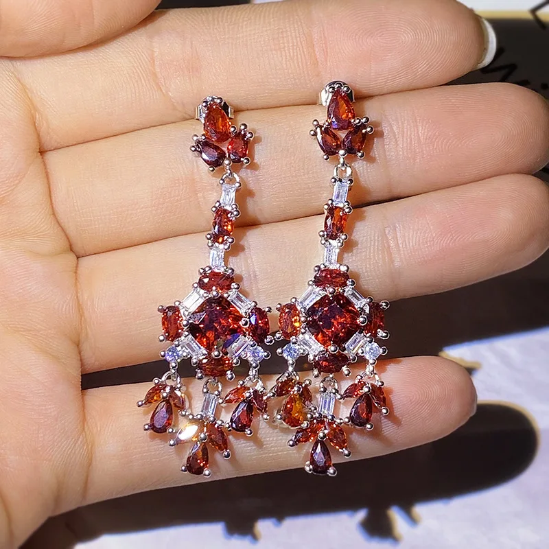 925 silver retro diamond-studded red crystal tassel earrings light luxury palace style high-end exaggerated earrings women