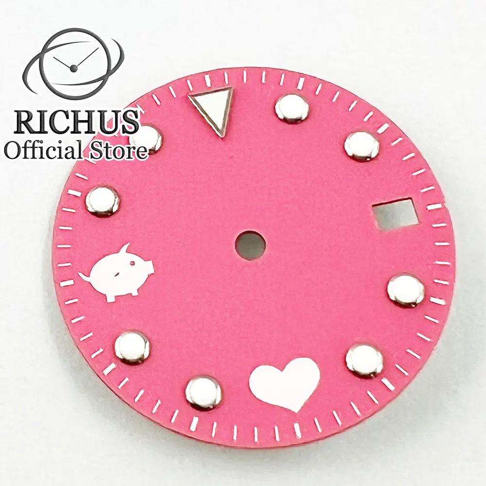 RICHUS NH35 28.5mm Green Luminous watch Dial Pink Watch face Fit NH35 Movement