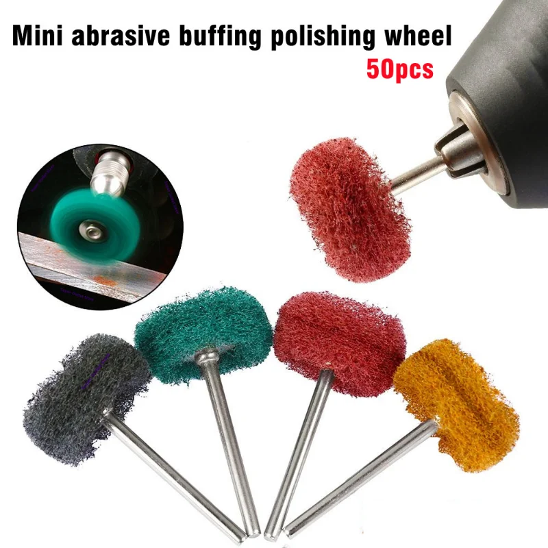 50ピース/セットミニドリル研磨ブラシナイロンバフ研磨ホイールヘッド3mm/2.35mmシャンクドレメルロータリーツールアクセサリー用