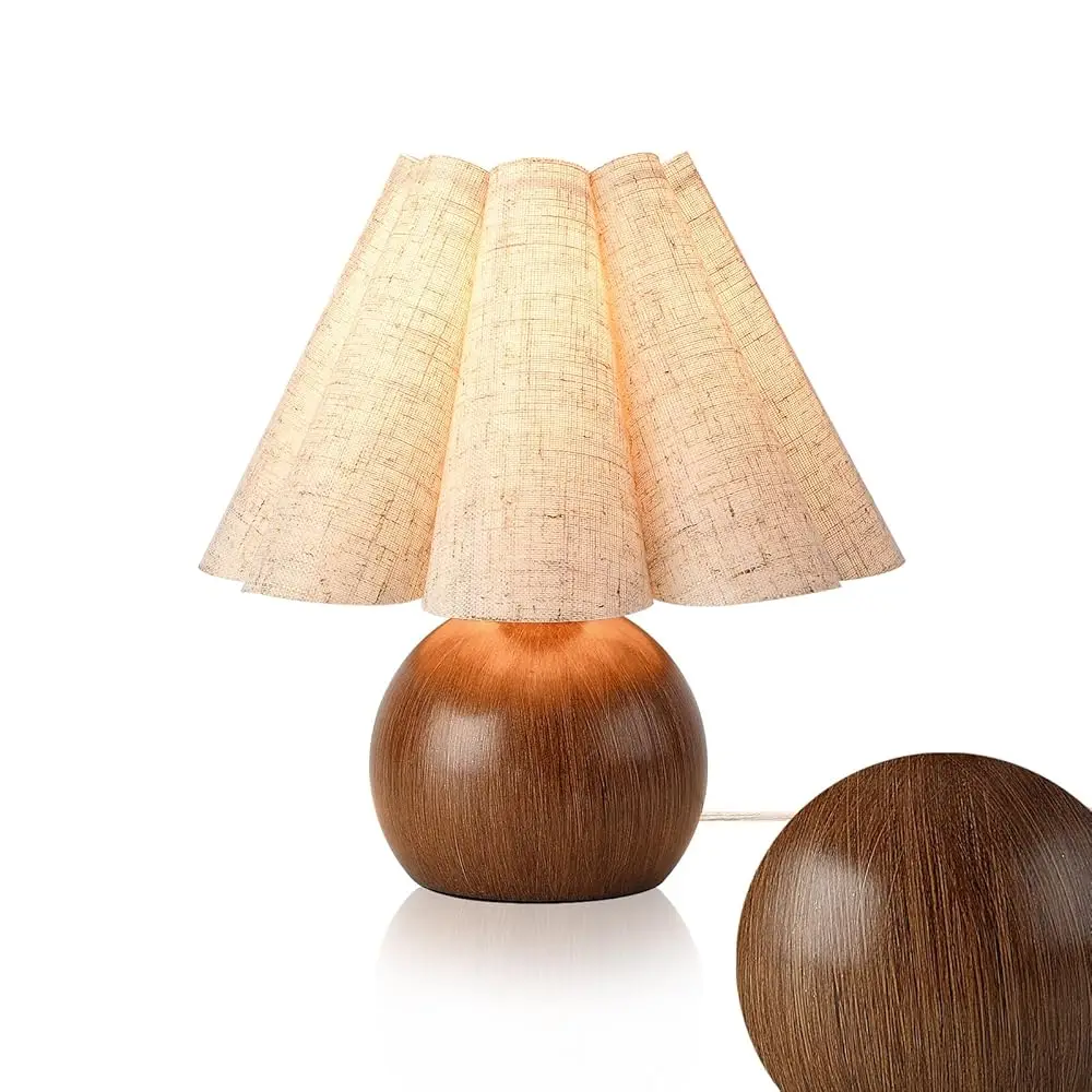 

Farmhouse Cute Table Lamp For Bedroom & Living Room - Wood Grain, Vintage Style With Scalloped Shade