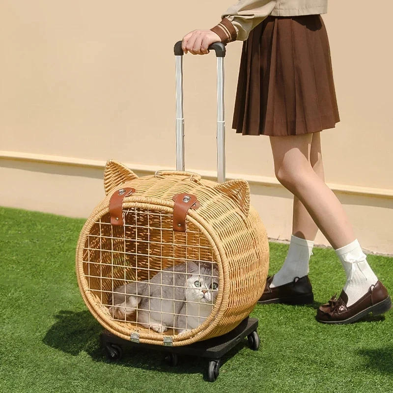 Breathable Cat Bag, Portable Pet Crate, Dog Tote Bag with Trolley, Handwoven Cat Cage, Lightweight Pet Luggage, YX395T