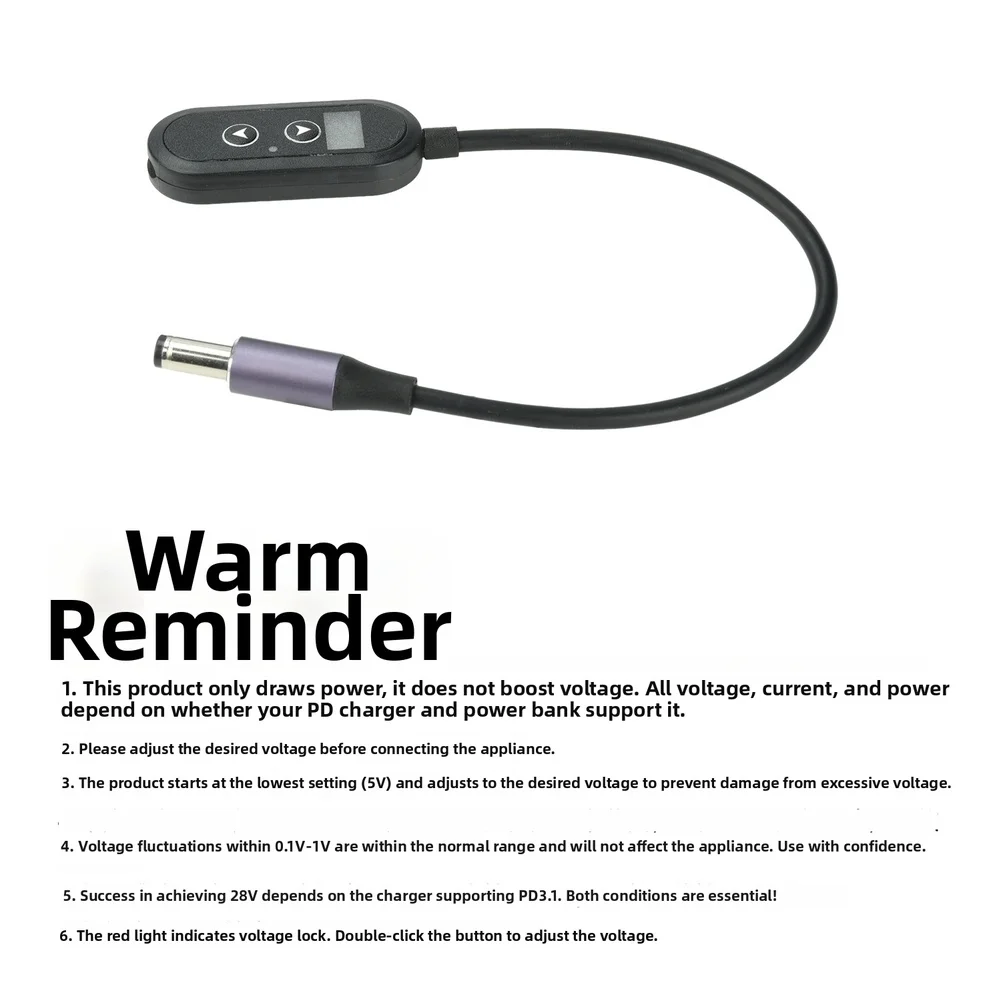 Type C PD Trigger Cable to DC 5.5x2.5mm 140W Adjustable Voltage 5V-28V Memory Function Smart Display Metal Housing