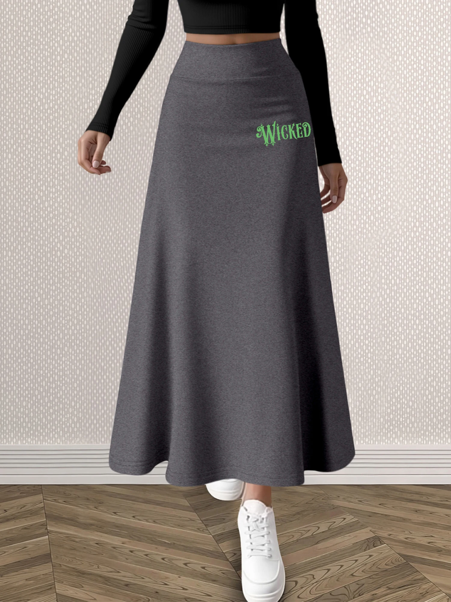 Elegant High Waist Swing Long Skirt, Retro Green Wicked Letter Print A Line Maxi Skirt, Elastic Soft Casual Daily Women Skirt