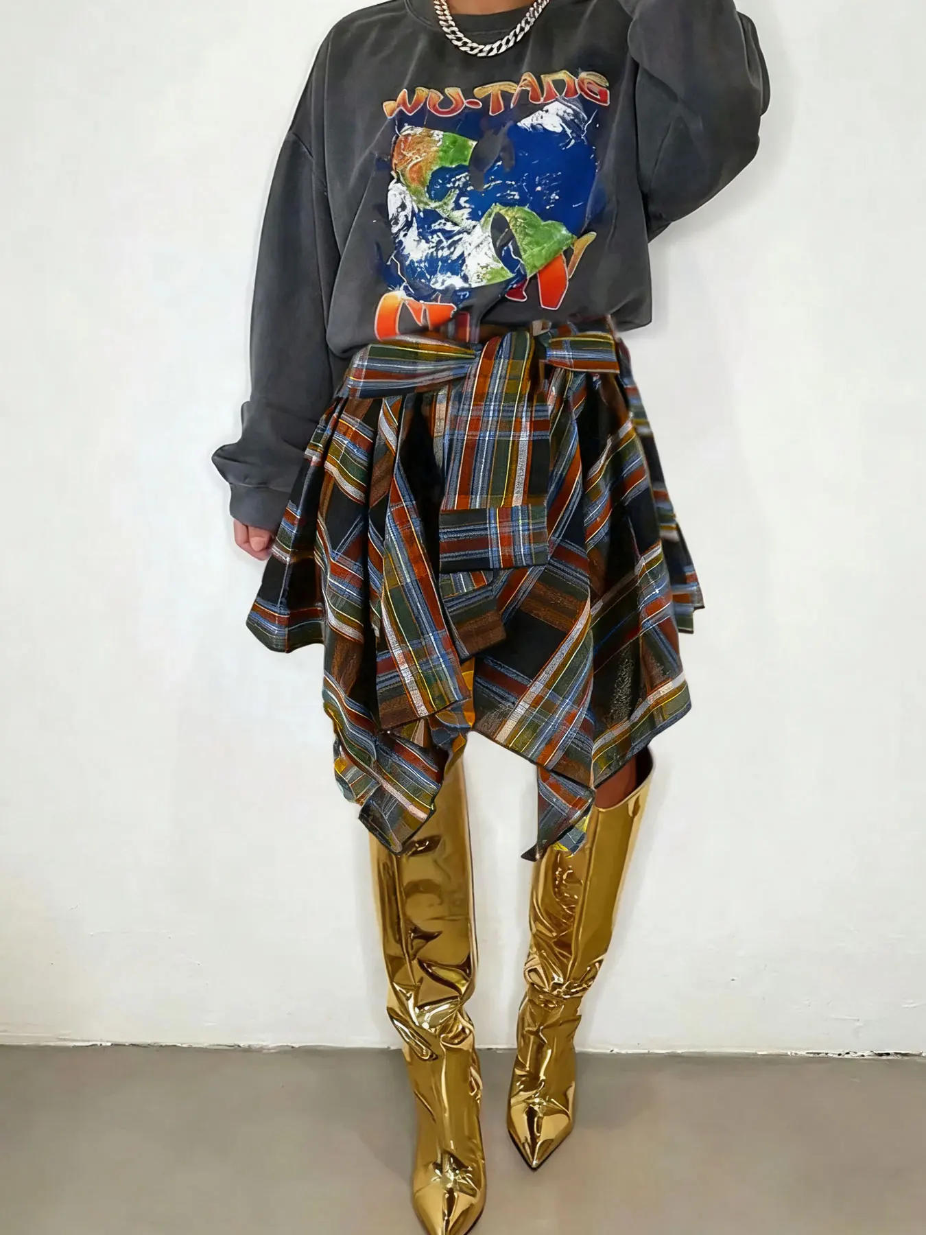 تنورة نسائية عصرية منقوشة مطبوعة بحاشية غير متماثلة بخصر عالٍ، ملابس صيفية للسيدات كاجوال بخصر مطاطي طبقات للركبة