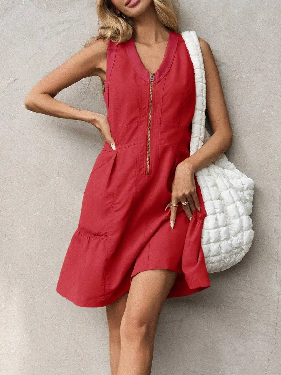 

Casual Women Sleeveless V Neck Mini Dress Half Zip Loose Fit With Utility Pockets