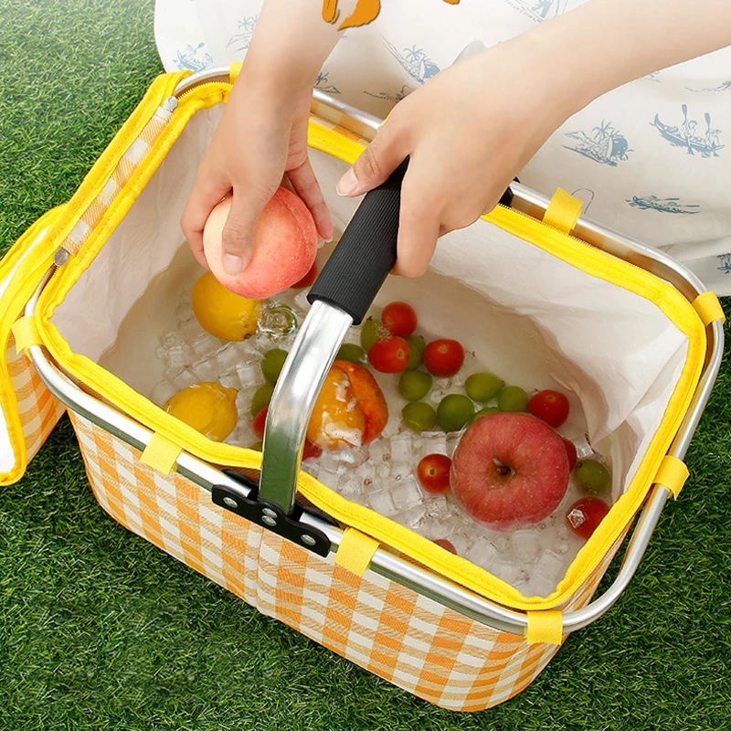 Retro Pastoral Lunch Bag Folding Outdoor Camping Picnic Food Thermal Insulated Cooler Storage Basket Drink Snack Keep Fresh Bag