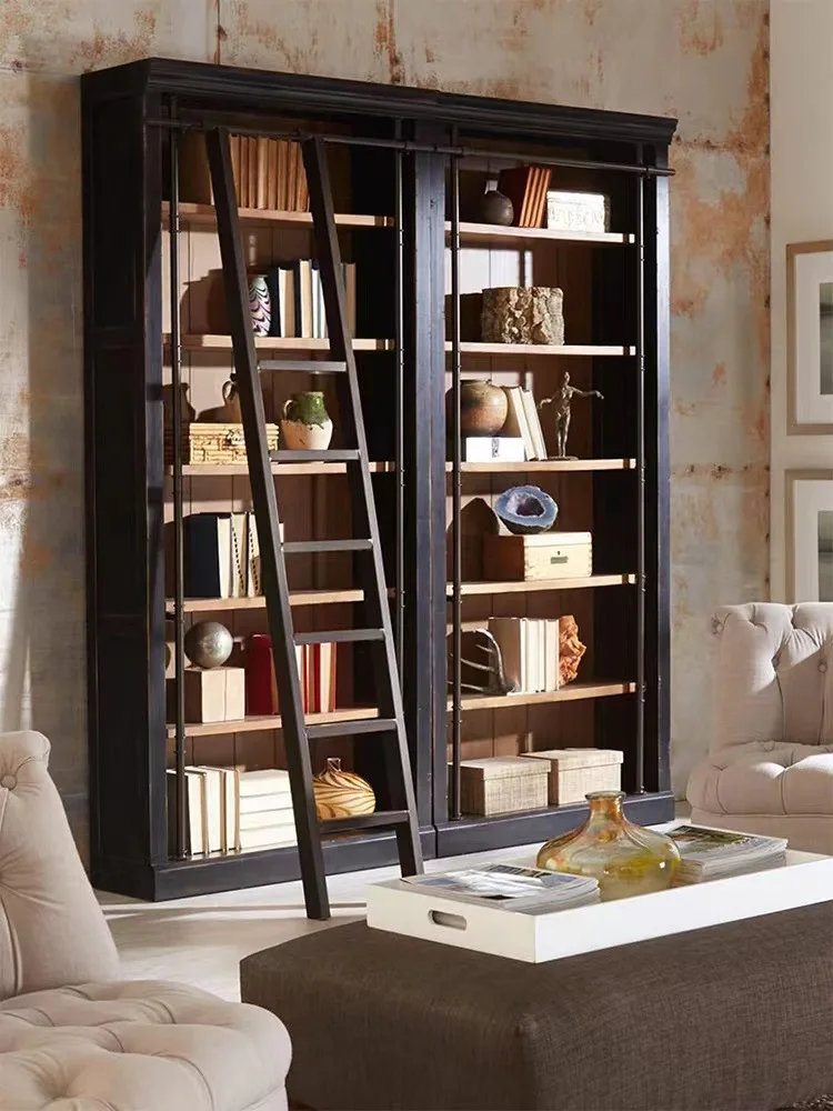 

Книжный шкаф-стеллаж из массива дерева для гостиной, простой комбинированный, от пола до потолка, в стиле ретро, со встроенным шкафчиком, на всю стену, в стиле легкой роскоши.