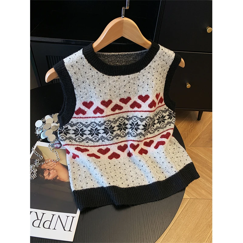 

MEXZT винтажный свитер с принтом, жилет, женский лоскутный вязаный пуловер в стиле Харадзюку, жилет, корейский трикотаж без рукавов, осенние джемперы