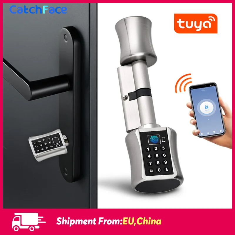 Tuya APP Fingerprint Bluetooth Cylinder Lock Biometric Electronic Smart  Door Lock Digital Keypad Code Keyless Lock