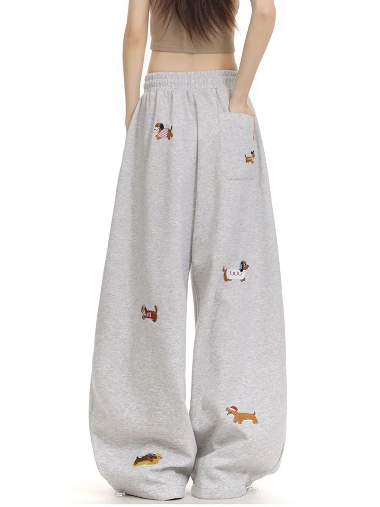 Cartoon Embroidery Y2K Sweatpants Women Vintage American High Waist Wide Leg Pant Streetwear Loose Casual Bf Spring Trousers New