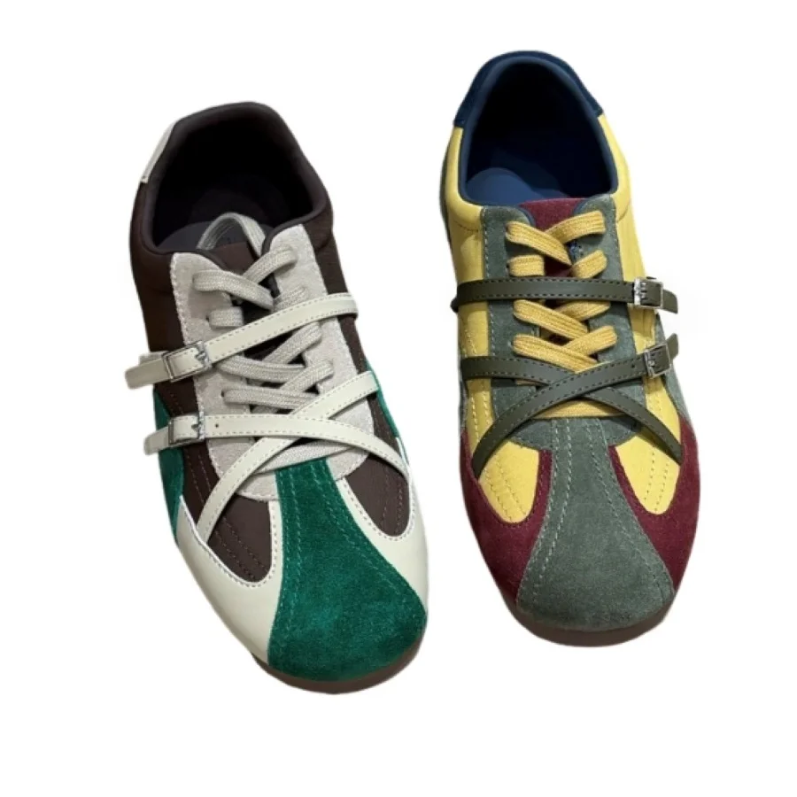 Women Color Block Suede Sneakers Buckle Strap Lace‑up Flat Shoes Ladies Retro Soft Sole Casual Walking Footwear BH0114