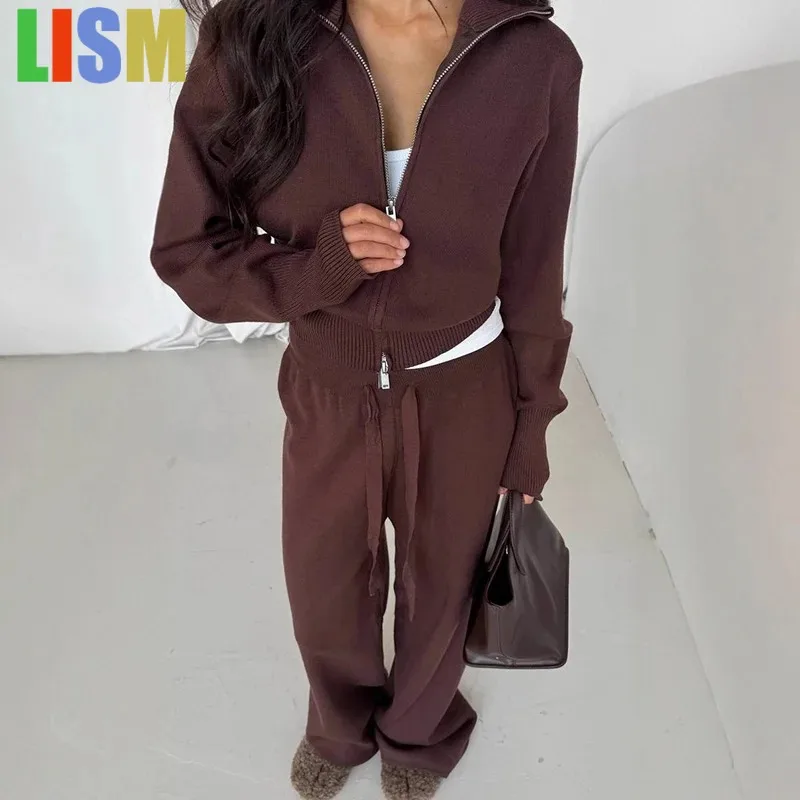

LISM winter woman outfit tracksuit Pants Suit Solid Knit Lapel Zipper Short Coat Drawstring Straight Pants 2025 New 2 Piece Set