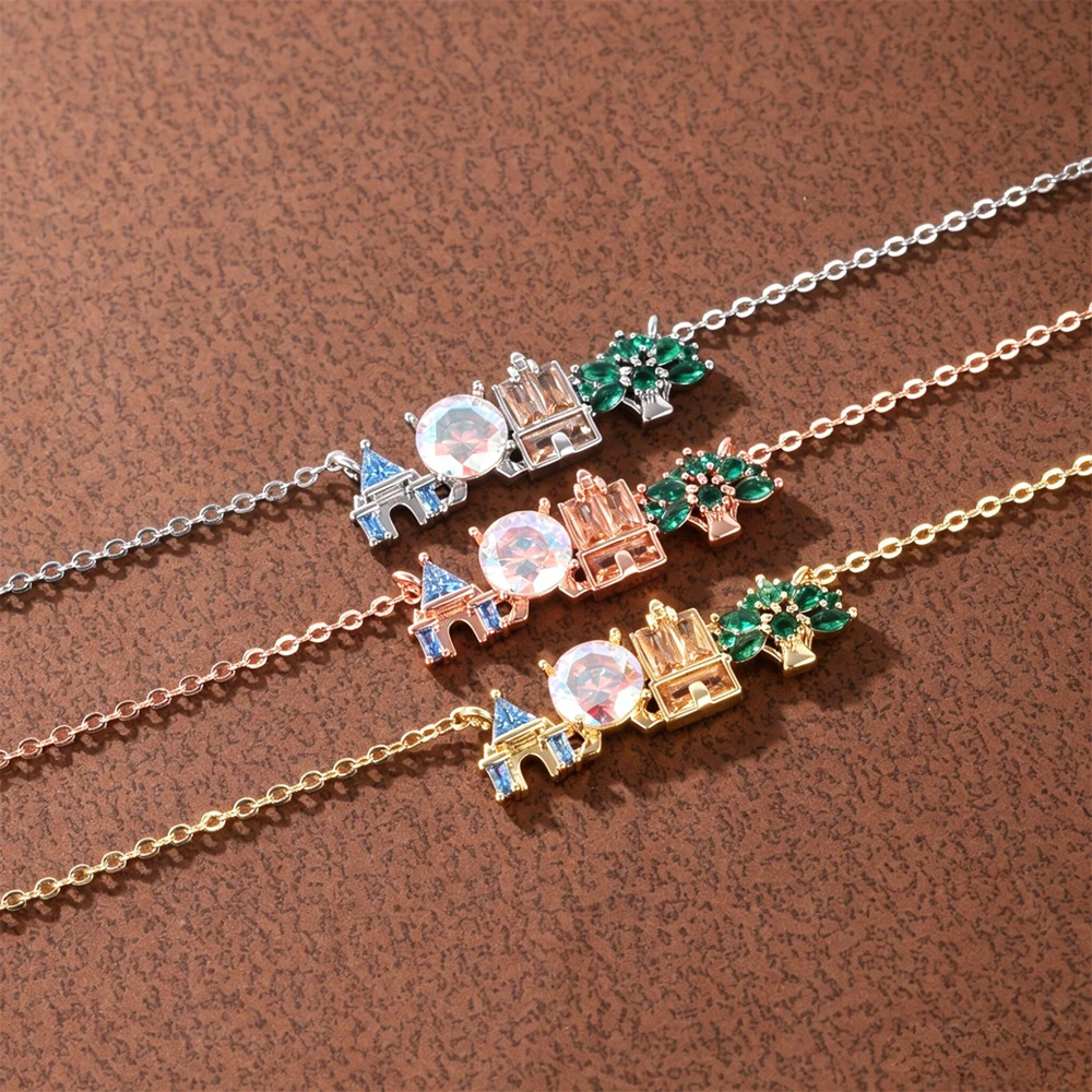 18K Gold Plated Colored Zircon Inlaid Amusement Park Pendant Necklace Cute Sweet Design Versatile Fashion Jewelry Girl 's Gift