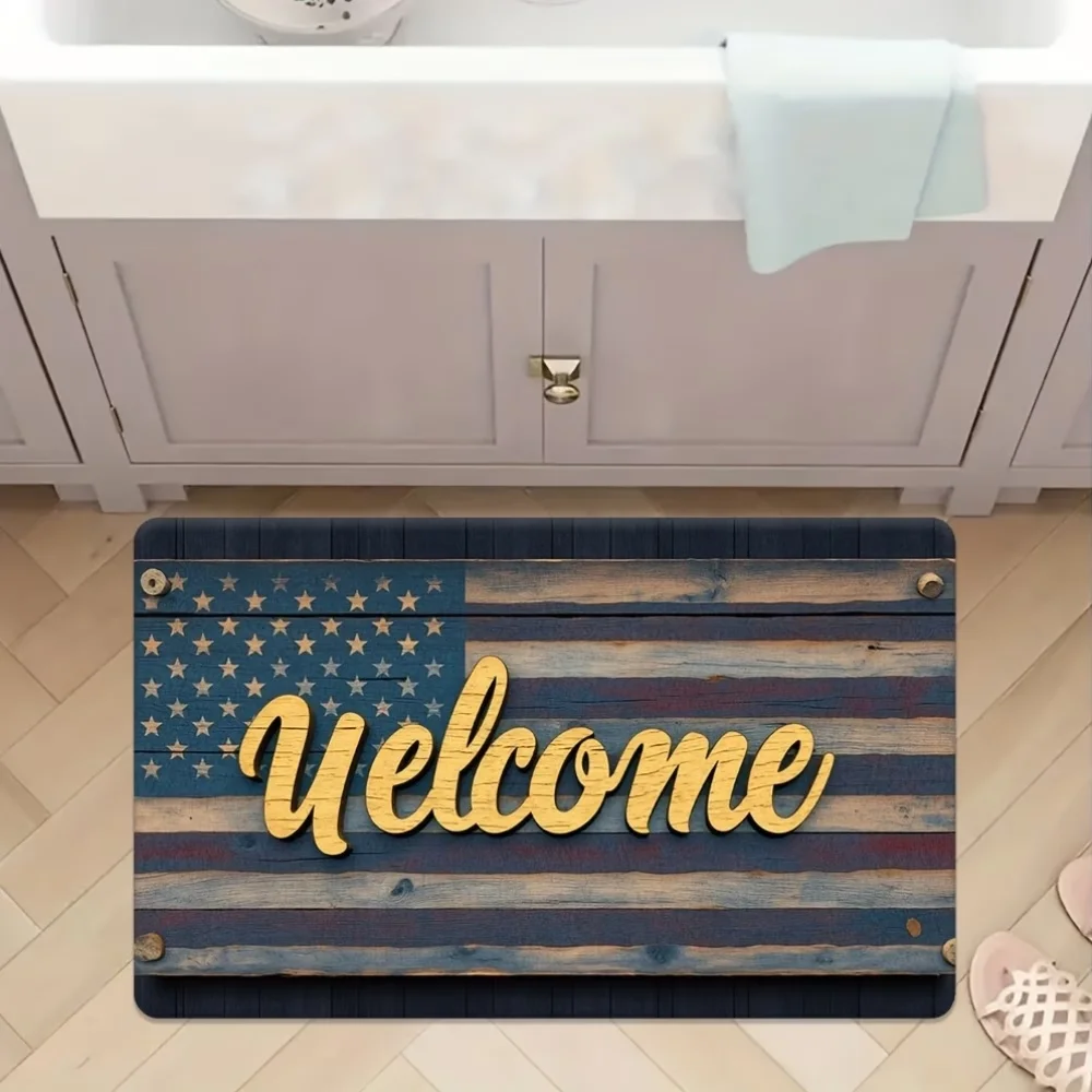 Vintage American Flag Welcome Print Doormat Rustic Wood Effect Design Non Slip Floor Mat for Patriotic Decor