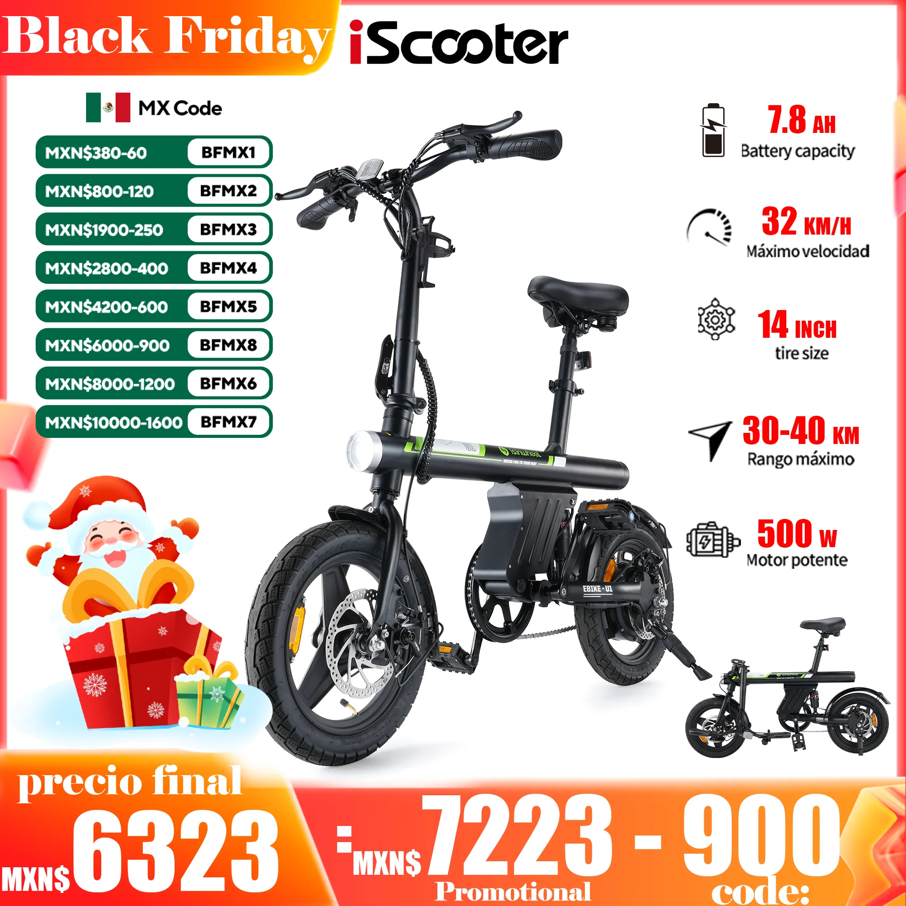 IScooter U1 adult electric bike 500 W motor 30 km/hour foldable electric bicycle 14 inch adult electric bike with smart uphill function 7,8 Ah battery