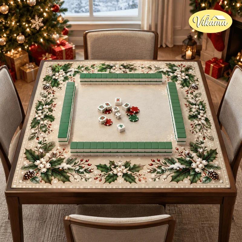 VIKAMA Mahjong Table Cover Christmas Holly Berry Snowflake Print Square Game Table Mat Holiday Winter Cozy Aesthetic