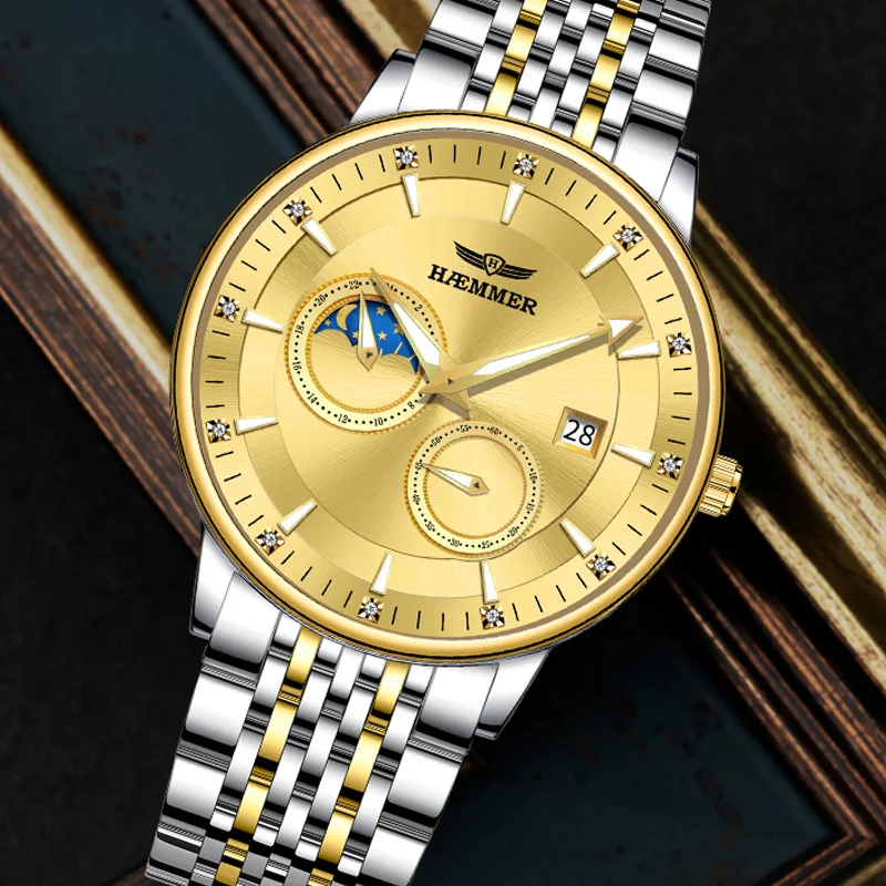 ساعة HAEMMER ميكانيكية أوتوماتيكية للرجال، ساعة عمل ستانلس ستيل للرجال، طراز كلاسيكي مقاوم للماء