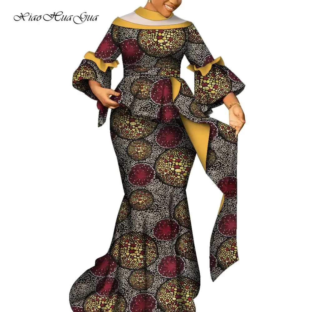 Ensemble africain deux pièces pour femmes, tenue traditionnelle Ankara Dashiki, haut à manches évasées et jupe longue, vêtements de fête WY9603