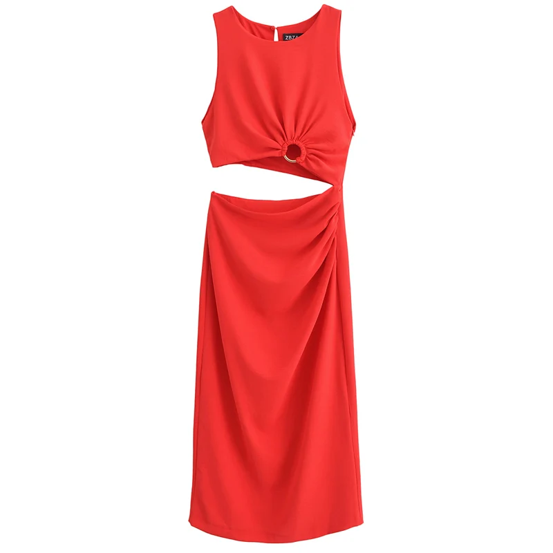 TRAF Cut-Out Ring Dress Women's Ruffled Sleeveless Summer Sundresses 2024 Female Midi Red O-Neck Dress Elegant Office Lady Dress