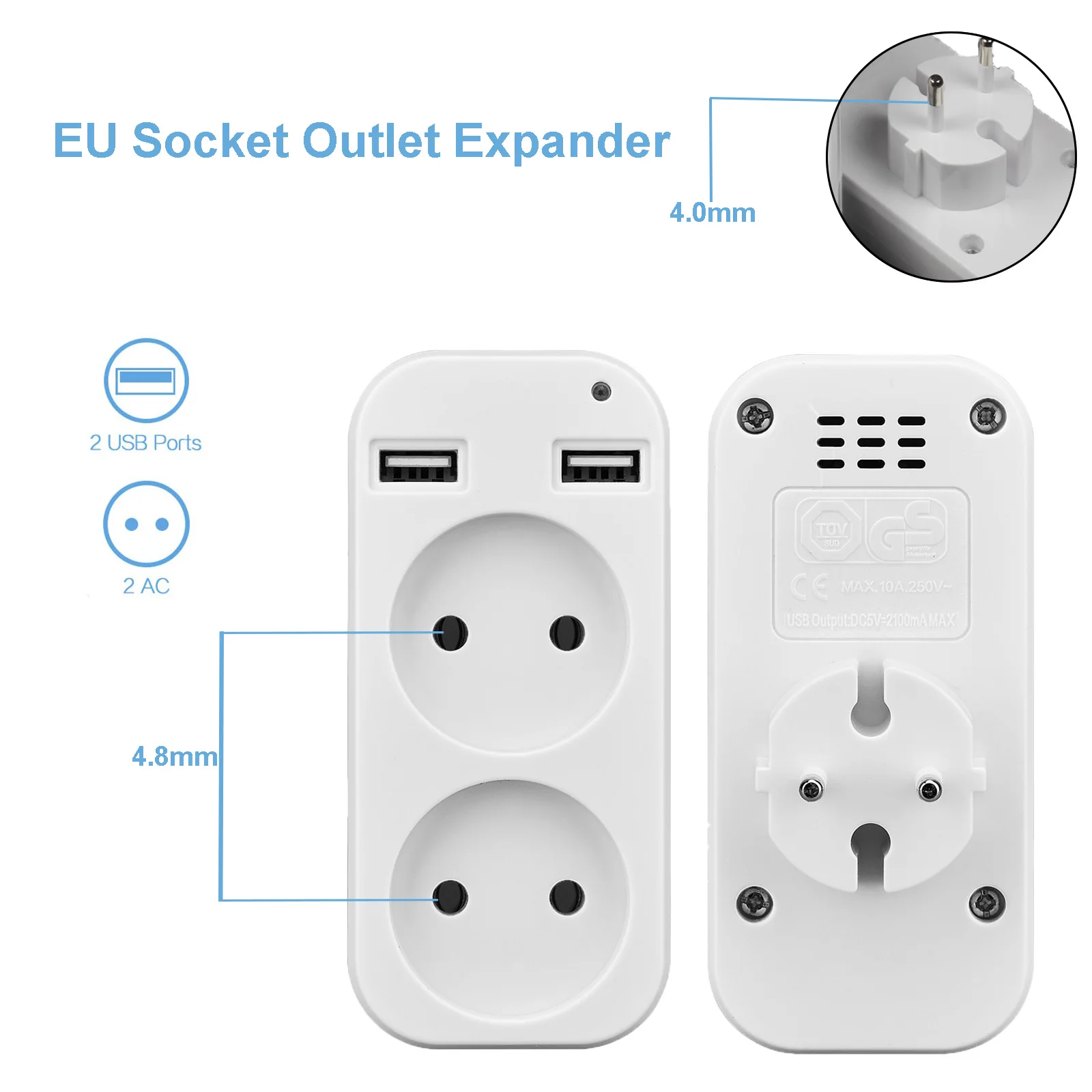 Wall Outlet USB EU Plug Adapter 1 To 2 Way European Standard Extender Socket With 2 USB Port Power Strip AC Convert Adaptor