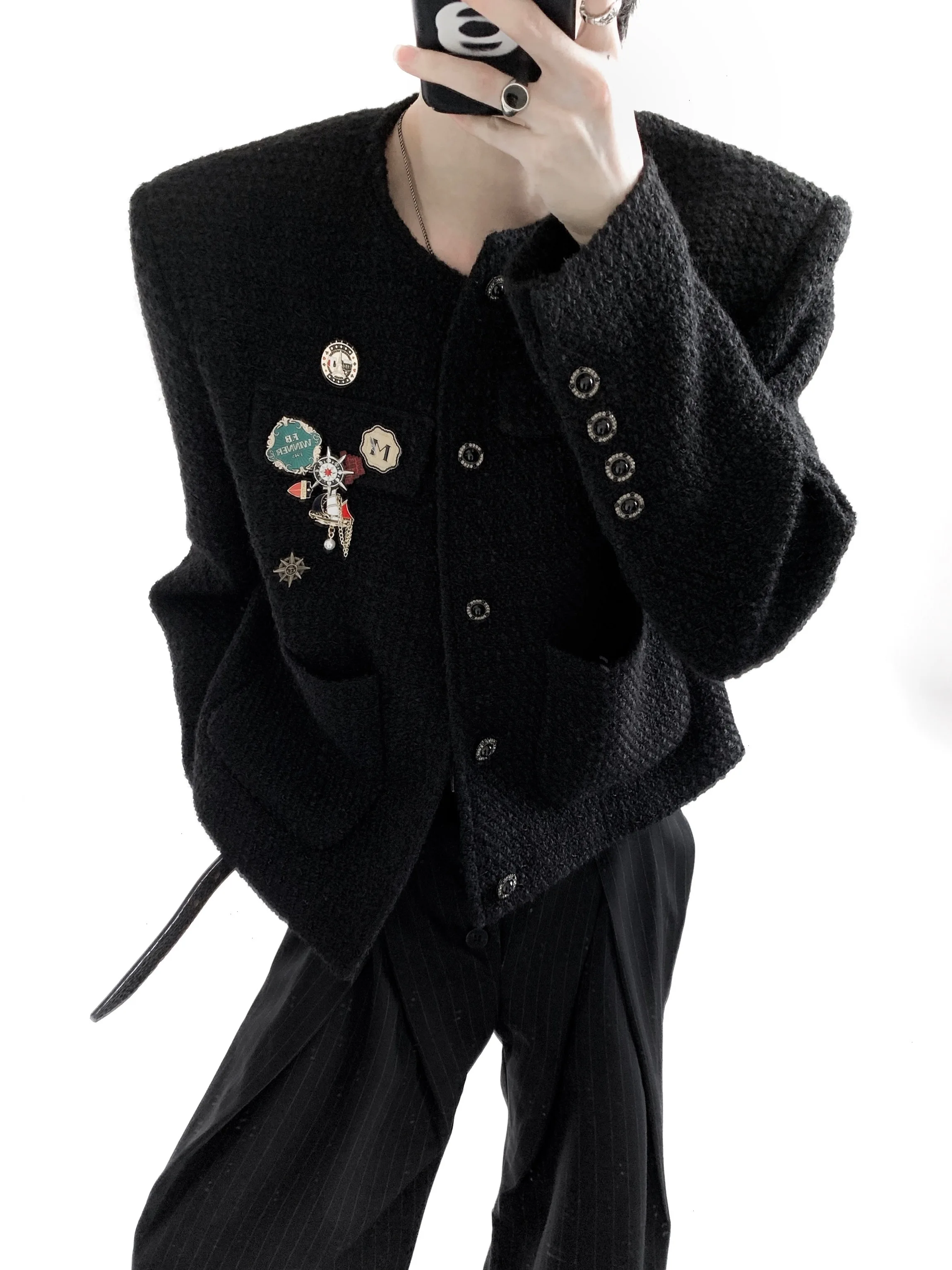 Elegant Black Woolen Jacket Men's Short Style Padded Shoulder Design Luxury Fashion Casual Wear Autumn Mountain Wind Premium ...