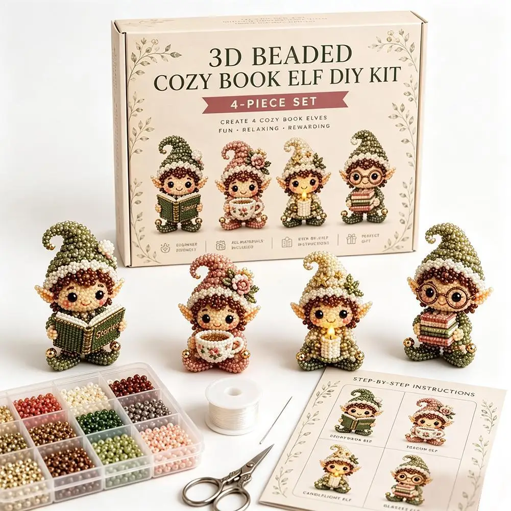 2026 NEW DIY 3D Beaded Elf Making Kit 4-Piece Book Gnome Bead Craft Set Complete Accessories Handicraft Decor Holiday Gift