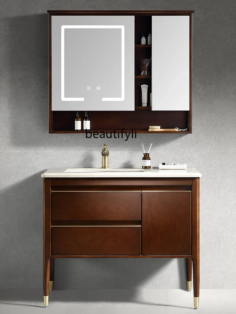 

Chinese Style Bathroom Hand Washing Washbasin Cabinet Combination Natural Marble Countertop Smart Mirror Cabinet Large Basin