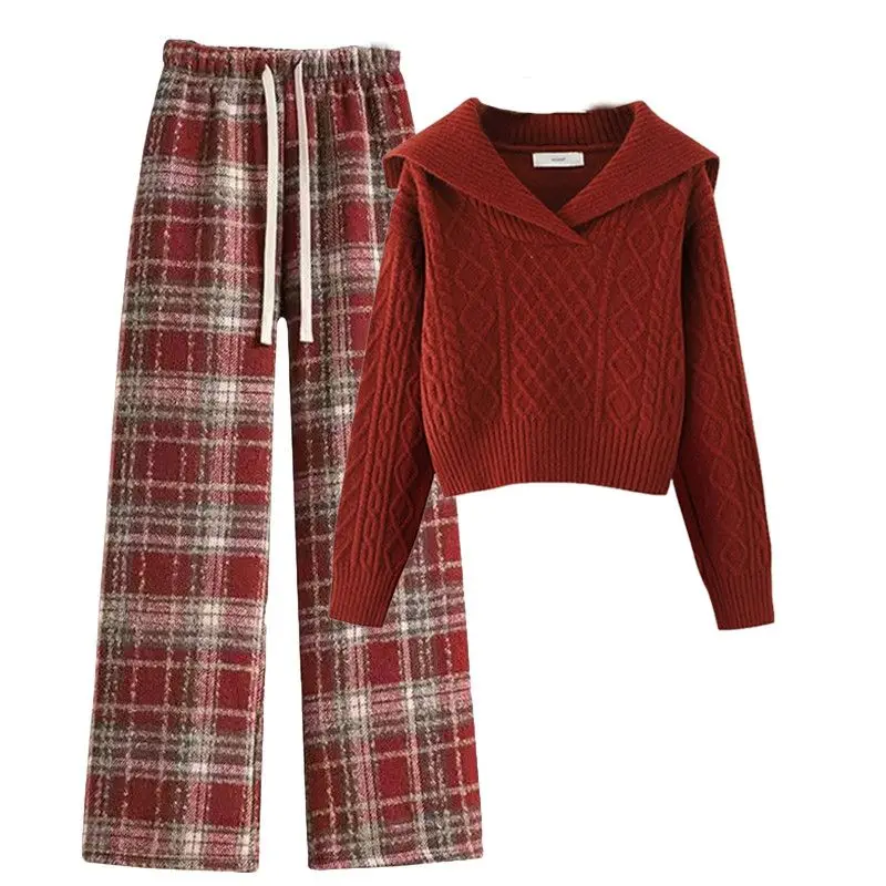Advanced Style Set for Women New Korean Version High Waisted Short Sweater Slimming Plaid Casual Pants Two-piece Set