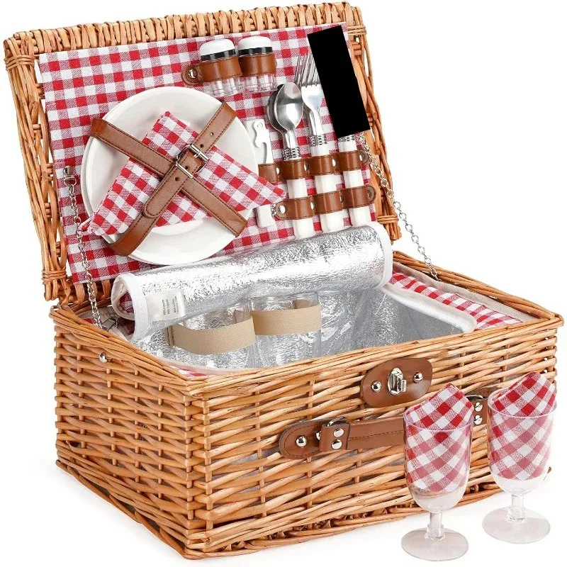 

Willow Hamper Basket Sets with Insulated Compartment, Handmade 2 Person Picnic Basket Classical Red Check, Camping