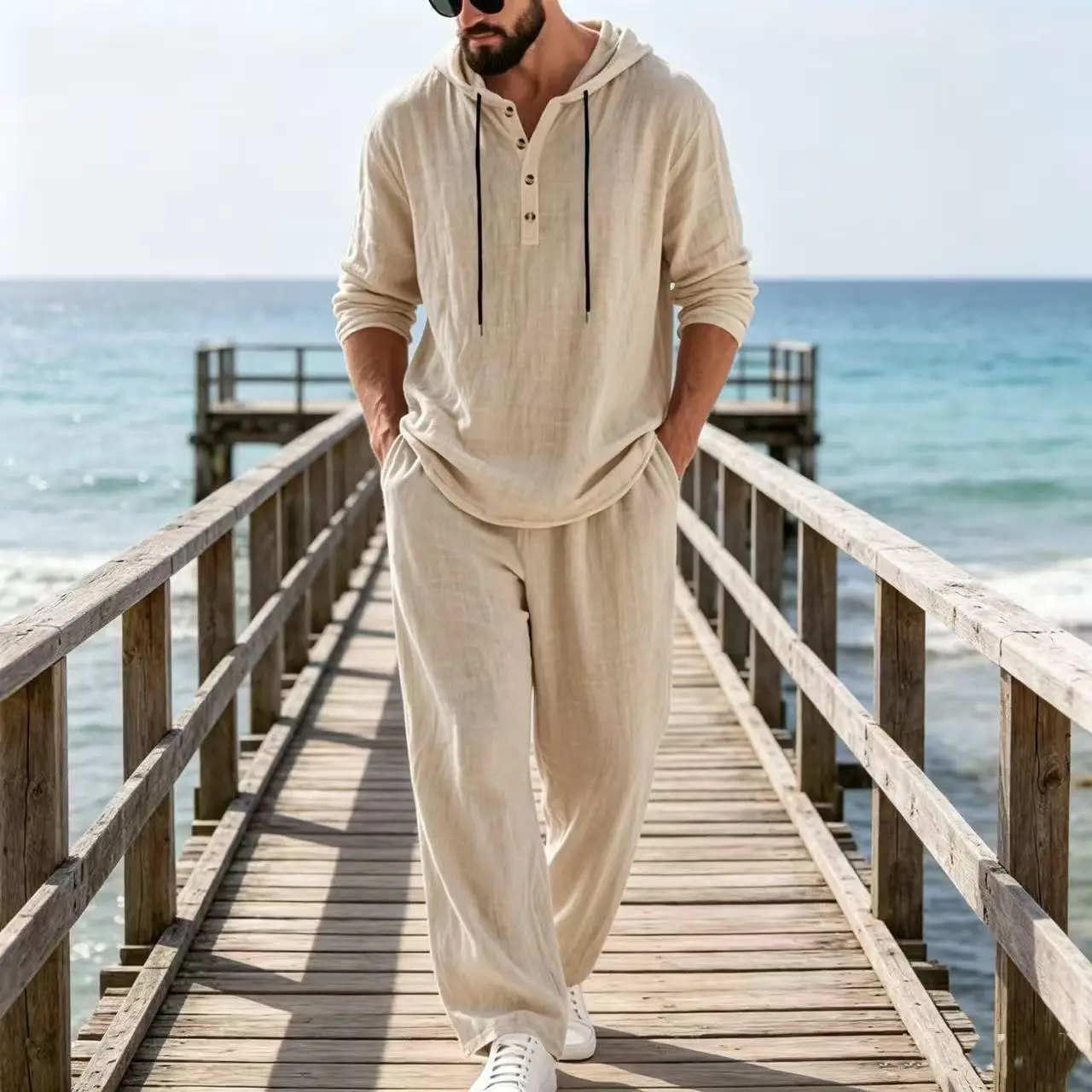 2026 Cross-border Spring and Autumn Linen Men's Casual Suit Amazon Loose Hooded Henry Shirt Long Sleeve Pants Suit - view 6