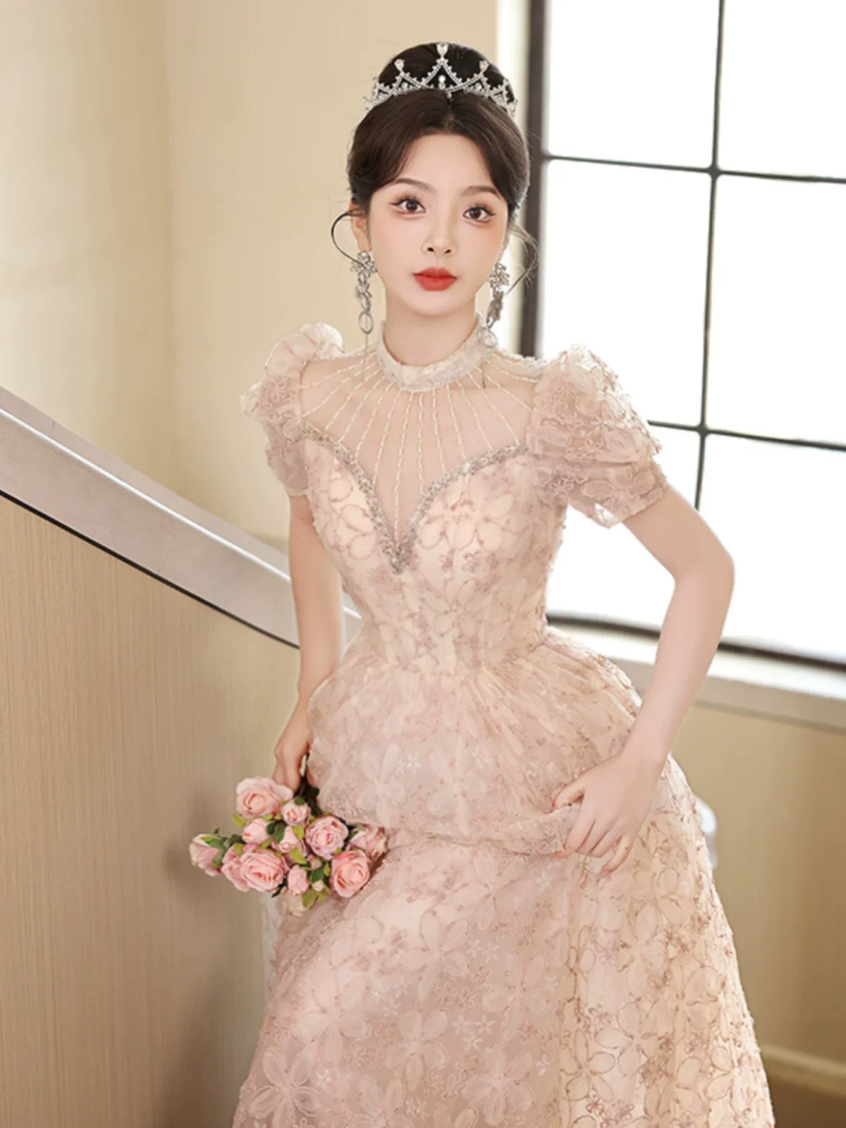 

Pink Lace Evening Dr with Bubble Sves for Wedding Proposal Dinner Par Korean Sle mid Waist ort Sve Long Dr