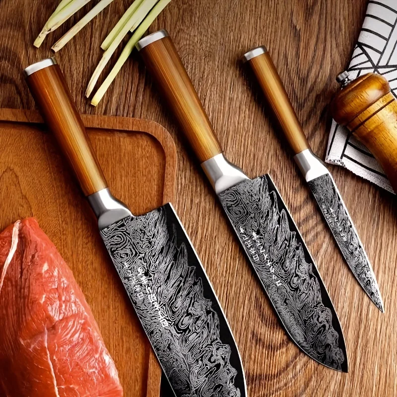 PLYS-Damascus PatternKitchen Knife Set - Special Vegetable, Meat, And Bone Knives For Chefs