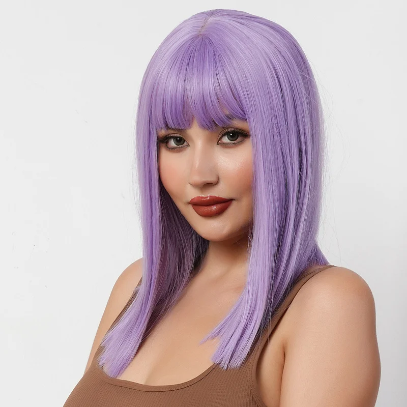 

Short Bob Wig with Bangs for Women, Light Purple, Straight Hair, Rose Net Wig