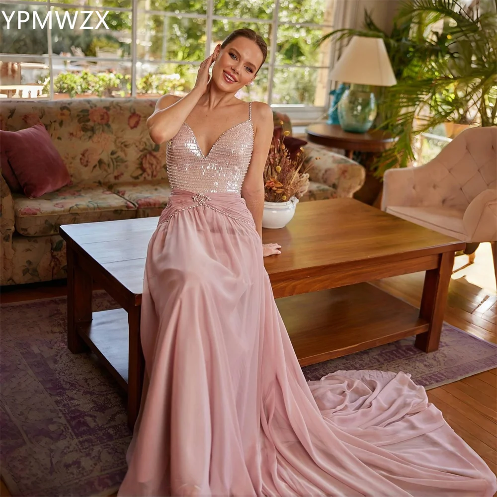 

Customized Prom Gown Evening Women YPMWZX Spaghetti Strap A-line Floor Length Sequin Skirts Draped Bespoke Occasion Dresses For