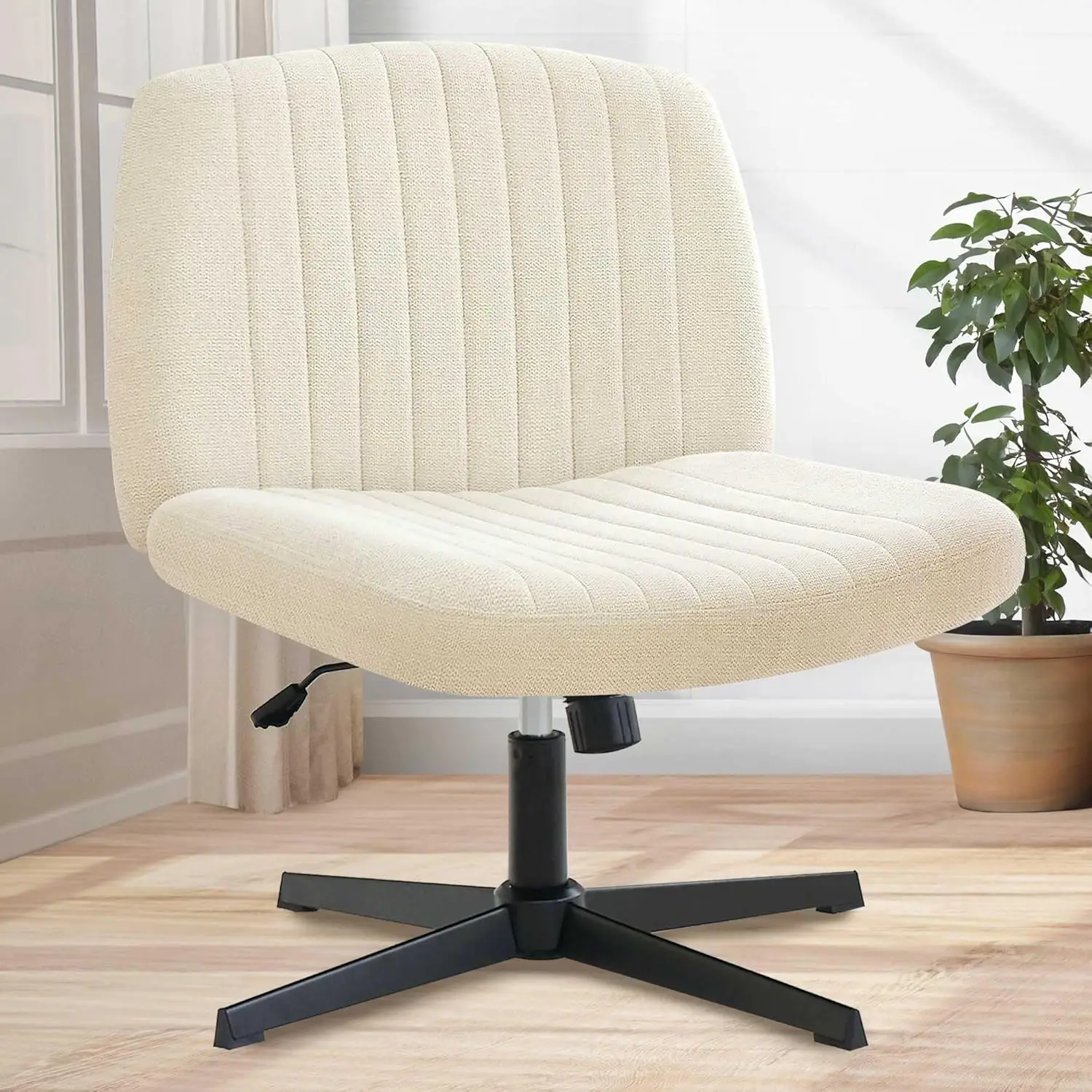 

Cross Legged Office Desk Chair No Wheels Fabric Padded Modern Swivel Height Adjustable Wide Seat Computer Task Vanity Chair