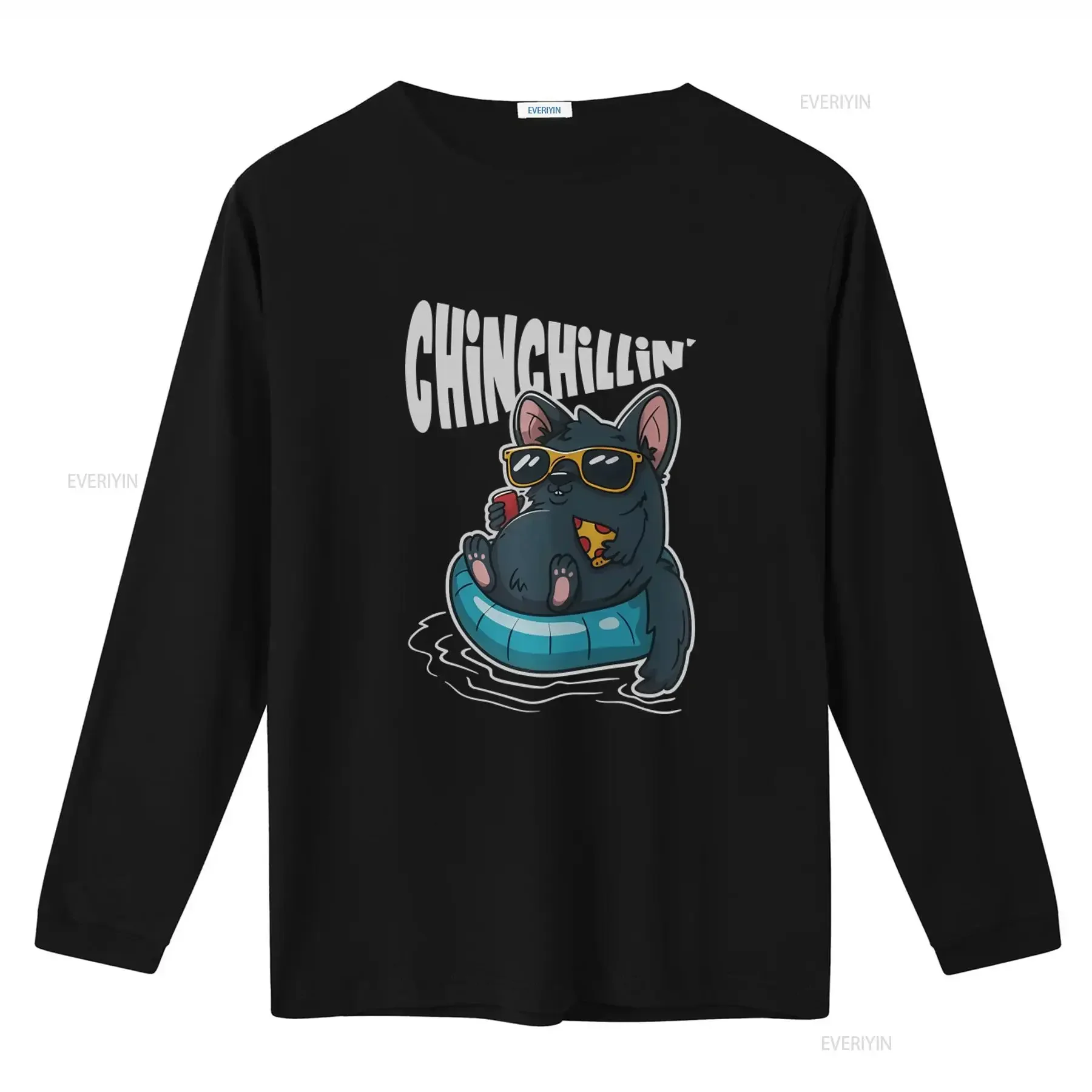 Chinchilla T Shirt for Rodent Lovers Chinchillin Design Cute Cartoon with Sunglasses Pizza and Drink Perfect Casual Wear