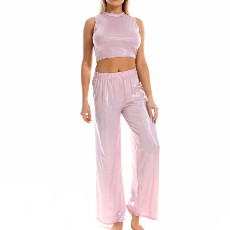 2PCS/Set Women Wet Look Bodycon Crop Tops Loose Long Pants Sexy Casual Vests & Trousers Party Dance Clubwear Fashion Streetwear