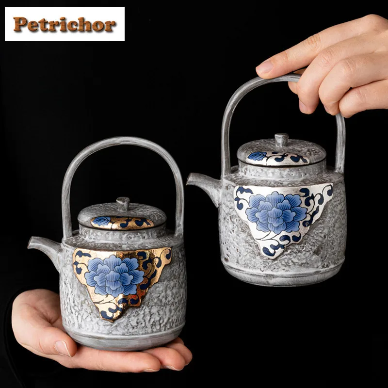 

310 мл синий и белый позолоченный серебряный подъемный чайник с подъемной ручкой, антикварный чайник, чайник, чайник с шариковым отверстием, посуда для напитков, ремесло