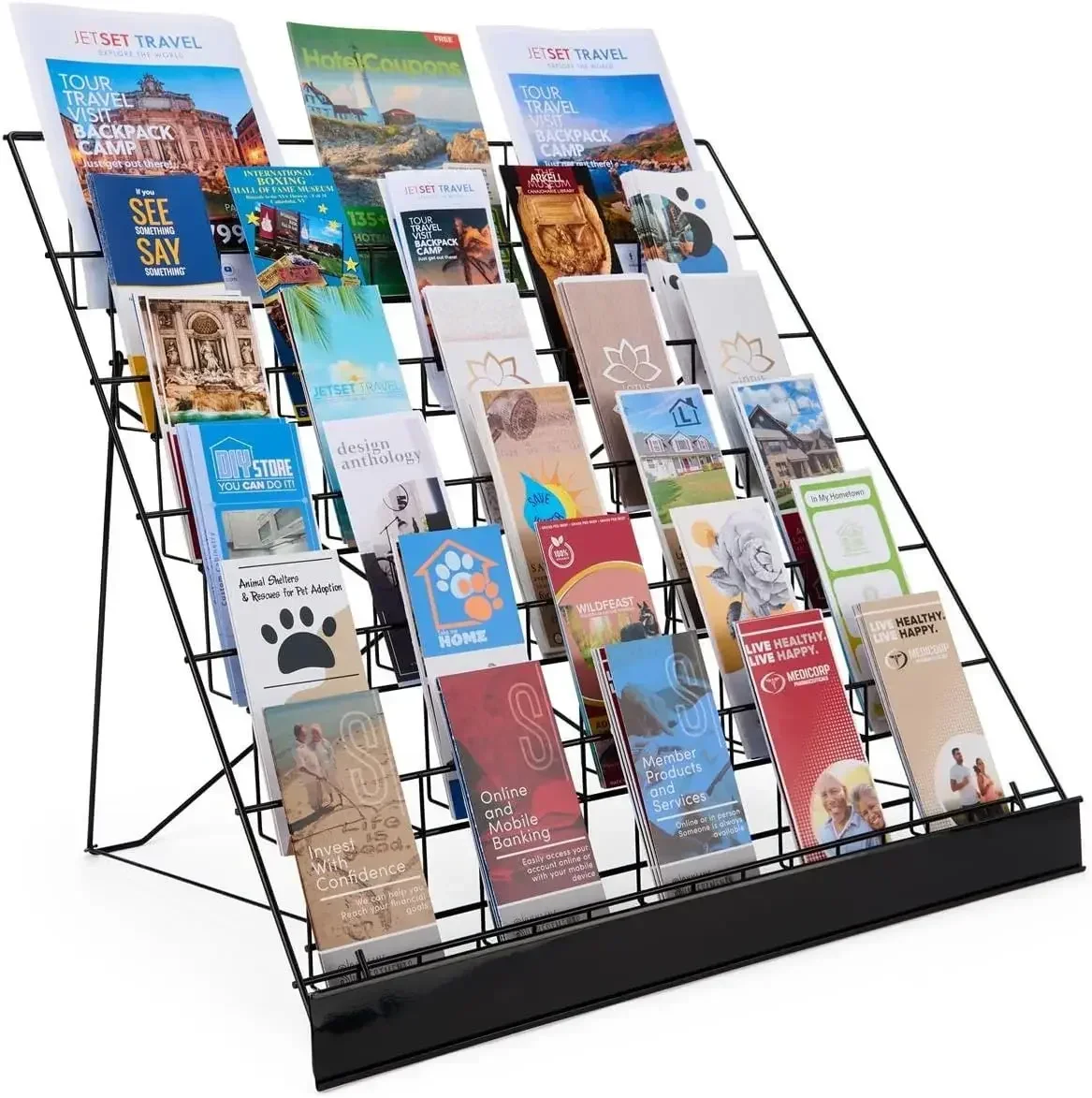 Displays2go 6-Tier Wire Tabletop Display Rack for Books, Brochures & Literature, Black Metal Countertop Rack with Sign Holder (W