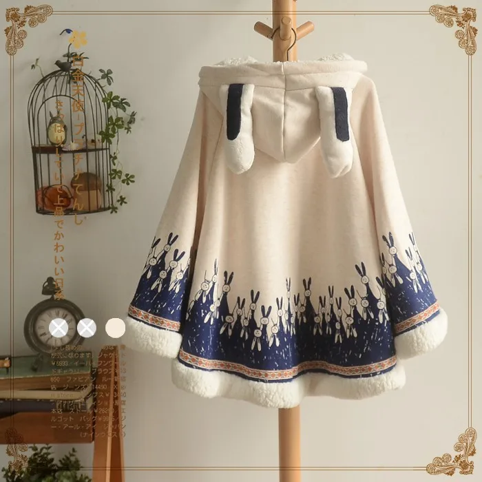 Japanese Sweet Mori Girl Kawaii Rabbit Print Thicken Velvet Cloak Jacket Women Winter Long Sleeve Bunny Ears Hooded Cloak Coats