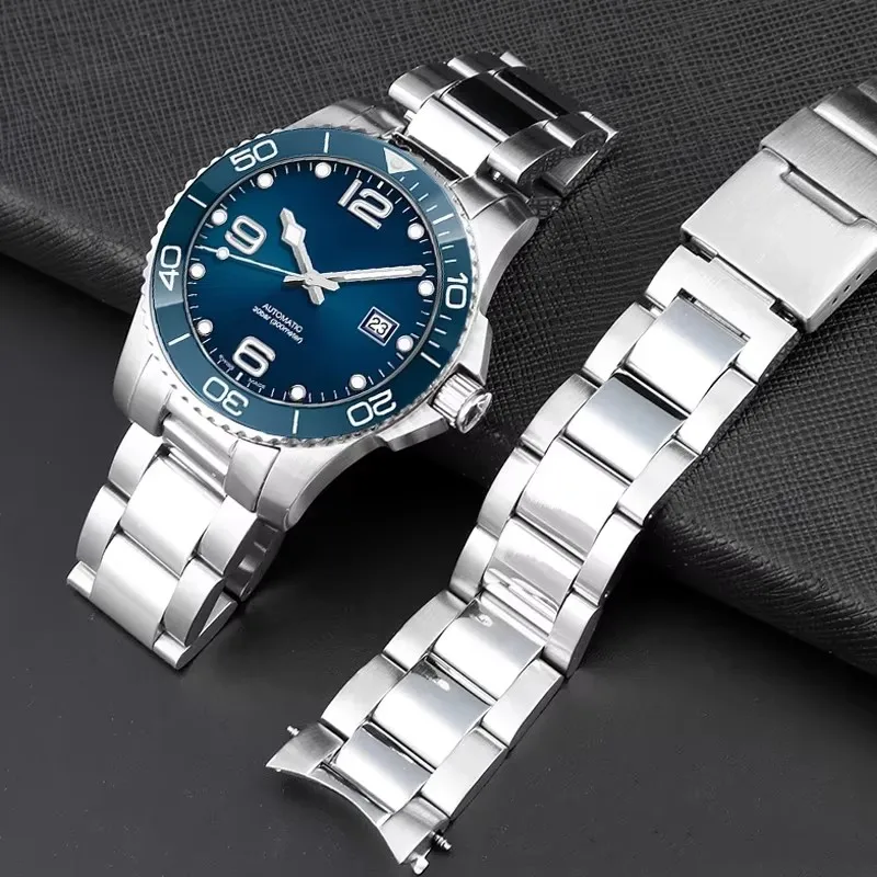 حزام ساعة من الفولاذ المقاوم للصدأ عالي الجودة 21 ملم لساعة لونجين هيدرو كونكويست كونكويست L3.781 782 642 حزام ساعة فضي صلب