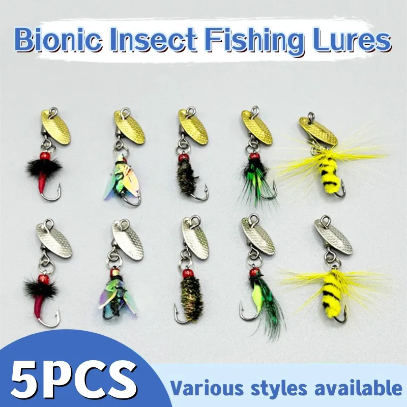 5PCS Bionic Insect Fake Lures Bionic Bee Lures Fly Hook with Wings Scud Fly Bug Insect Bait Artificial Worm Lure Fishing Tackle