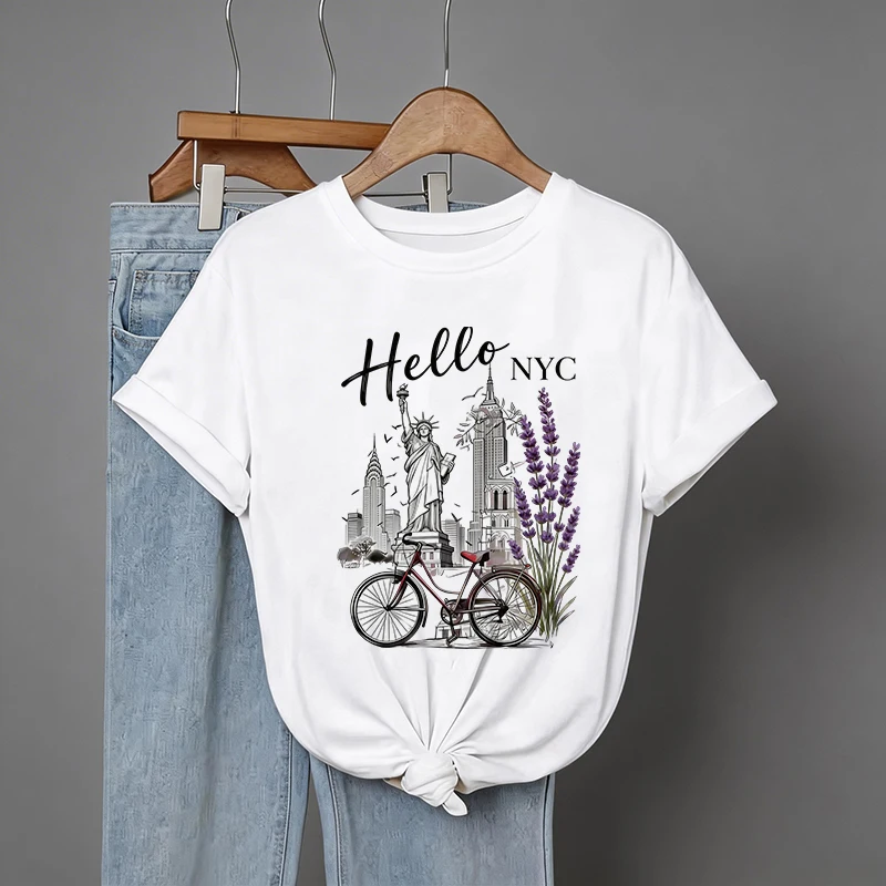 Hello USA Mode Kurzarm-Print-T-Shirt Damen Sommer Rundhals-Oberteil Grafik Vintage Streetwear Kleidung Femme